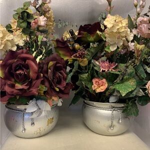 Pair Faux Floral Arrangements in Solid Brass India Pots 9”x5.5” Vintage PWF